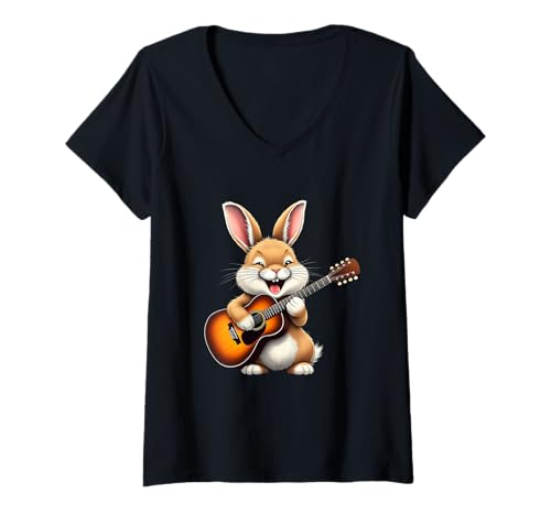 Damen Hase, spielt Gitarre, lustiges Kaninchen T-Shirt mit V-Ausschnitt Damen Hase, spielt Gitarre, lustiges Kaninchen T-Shirt mit V-Ausschnitt von Rabbit Lovers Designs
