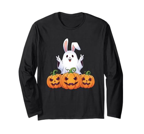 Lustiger Hasengeist Kürbis Boo Halloween Kinder Herren Damen Langarmshirt von Rabbit Lovers Halloween Ghost Pumpkin Outfits