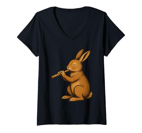 Damen Rabbit Bunny Playing Flute Musician Rabbits Lover T-Shirt mit V-Ausschnitt Damen Rabbit Bunny Playing Flute Musician Rabbits Lover T-Shirt mit V-Ausschnitt von Rabbit Playing Flute Music Rabbits Lover Apparel