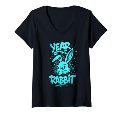 Damen Graffiti-Sternzeichen-Kunstwerk Year of The Rabbit T-Shirt mit V-Ausschnitt Damen Graffiti-Sternzeichen-Kunstwerk Year of The Rabbit T-Shirt mit V-Ausschnitt von Rabbit Street