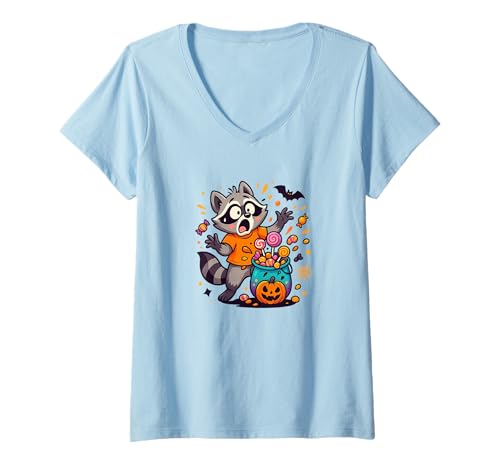 Damen Rabboon Waschbär Halloween Shirt Lustiges Gruseliges Motiv T-Shirt mit V-Ausschnitt von Rabboon Lustiges Halloween Waschbär Geschenkidee