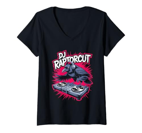 Damen DJ Raptorcut Rabe Am Pult Vinyl Scratch Club T-Shirt mit V-Ausschnitt Damen DJ Raptorcut Rabe Am Pult Vinyl Scratch Club T-Shirt mit V-Ausschnitt von Rabe Krähe Turntable Vinyl Club Elektro