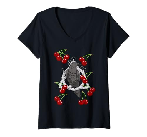 Damen Rabe Kirsche Kirschen Raben Krähen Garten Hobbygärtner T-Shirt mit V-Ausschnitt Damen Rabe Kirsche Kirschen Raben Krähen Garten Hobbygärtner T-Shirt mit V-Ausschnitt von Raben Krahe Vögel