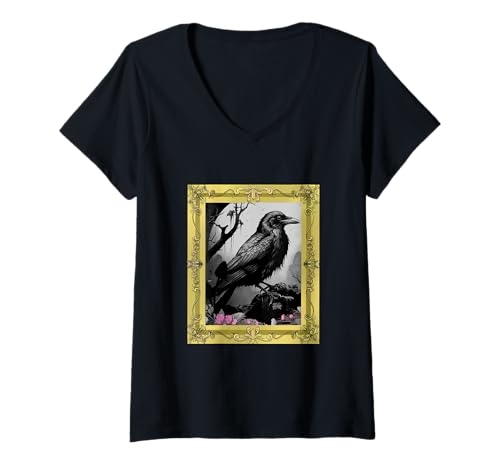 Damen Mittelalter Halloween Raben Krähen Waldtiere Krähe Mystisch T-Shirt mit V-Ausschnitt von Raben Vogel Halloween Krähe Vögel