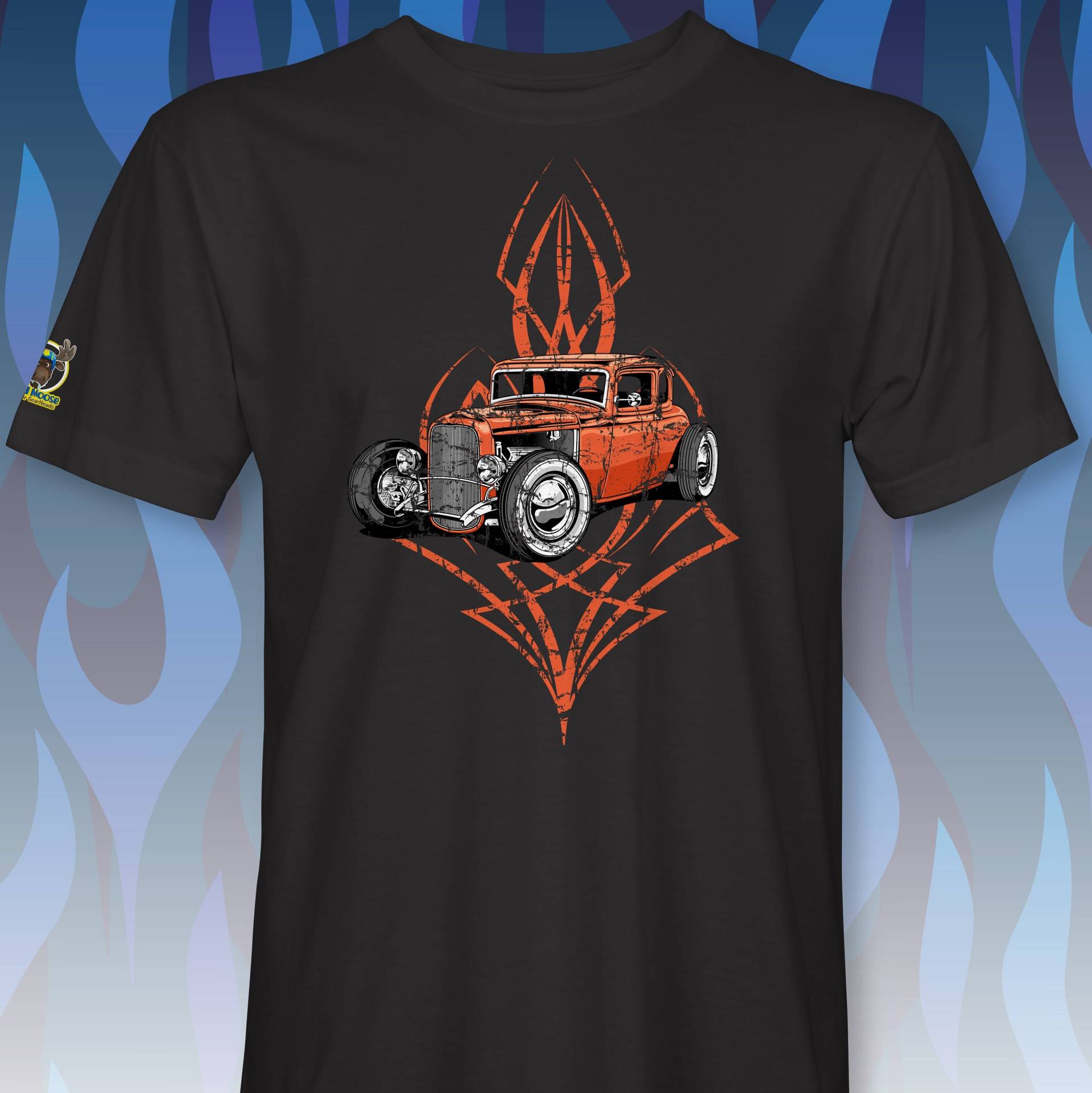 Verziertes Classic Hot Rod Mit Nadelstreifen Hintergrund T-Shirt Rm0077 von RabidMooseStore