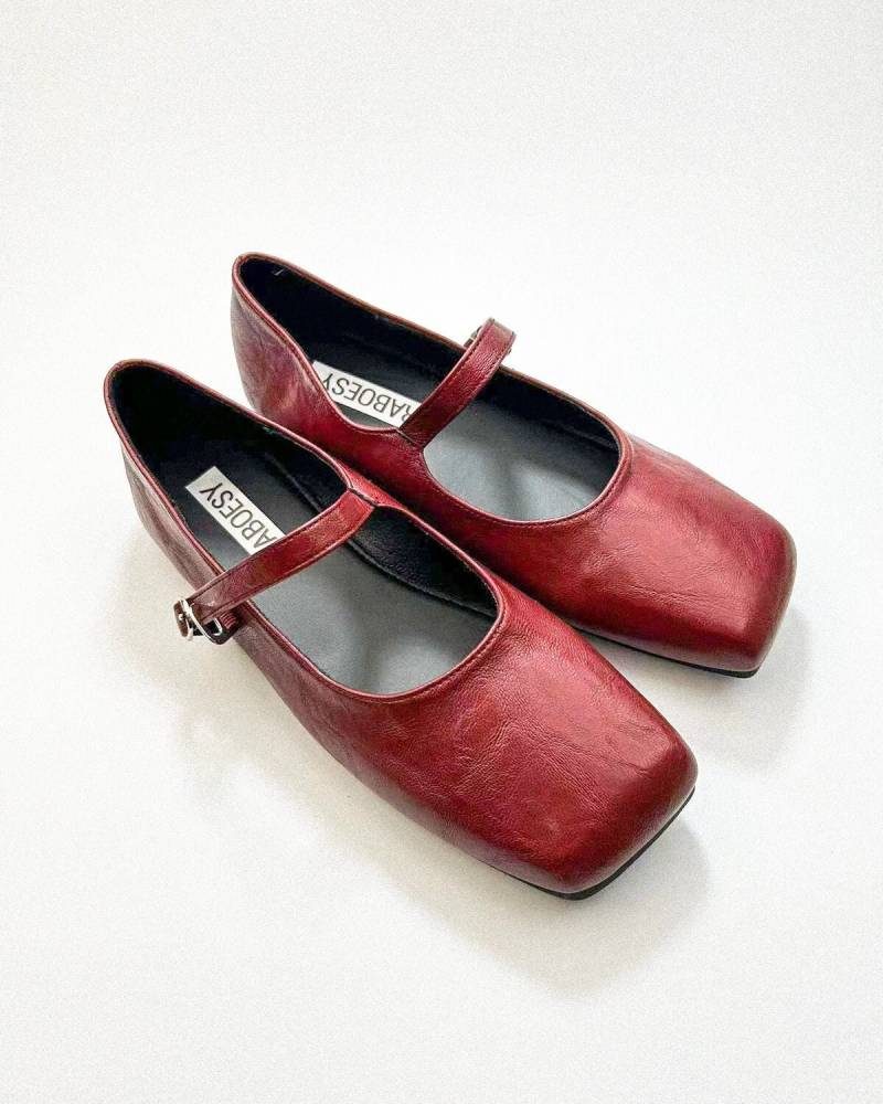Eco Leder Retro Style Plain Toe Mary Jane Wohnungen | Vintage Weiche Faltbare Gurt Janes Rot Schwarz Splitter Braun Weiß von Raboesy