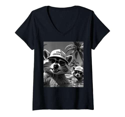 Damen Cooles Cousin Club Waschbären Tropical Fun Selfie T-Shirt mit V-Ausschnitt Damen Cooles Cousin Club Waschbären Tropical Fun Selfie T-Shirt mit V-Ausschnitt von Raccoon Cousins Tropical Vibes Club Fun