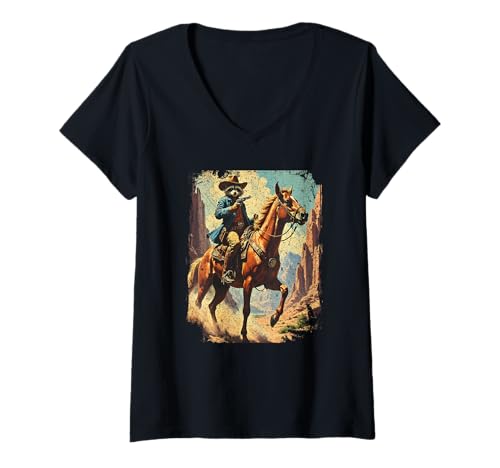 Damen Western Waschbär Cowboy Pferd Bandit Sheriff Vintage Grafik T-Shirt mit V-Ausschnitt Damen Western Waschbär Cowboy Pferd Bandit Sheriff Vintage Grafik T-Shirt mit V-Ausschnitt von Raccoon Cowboy.Co