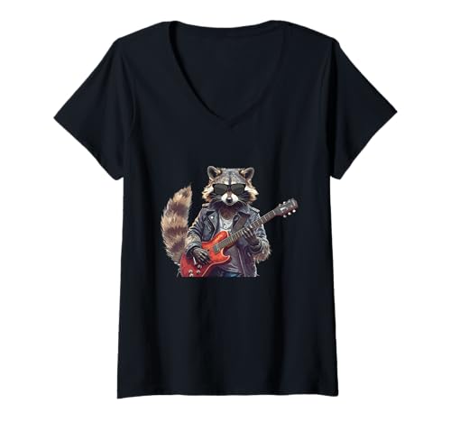 Damen Lustiger Cooler Rocker Waschbär spielt Gitarre Rock N Roll T-Shirt mit V-Ausschnitt von Raccoon Crew