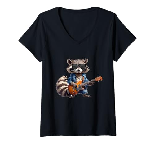 Damen Lustiger Cooler Waschbär spielt Gitarre Rock N Roll Rocker T-Shirt mit V-Ausschnitt von Raccoon Crew
