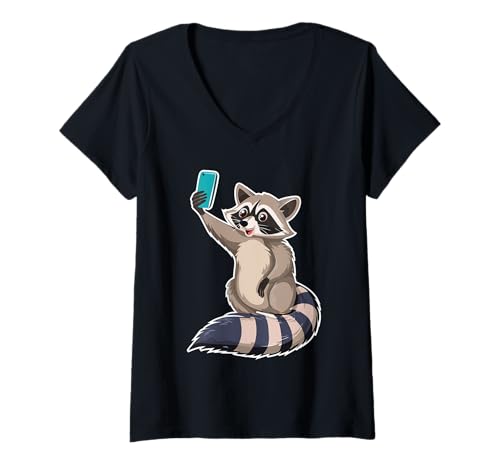 Damen Lustiger Waschbär Trash Bandit Funky Riz Animal Taking Selfie T-Shirt mit V-Ausschnitt von Raccoon Crew