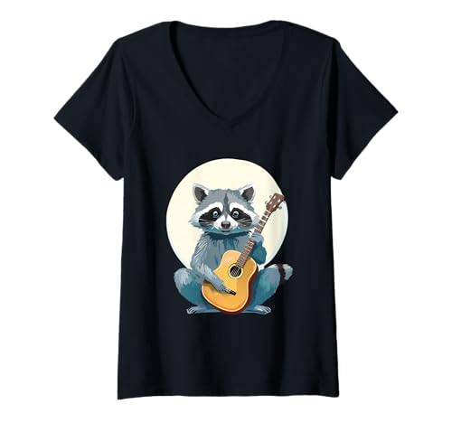 Damen Niedlicher lustiger Waschbär spielt Gitarre Rock N Roll Rocker T-Shirt mit V-Ausschnitt von Raccoon Crew