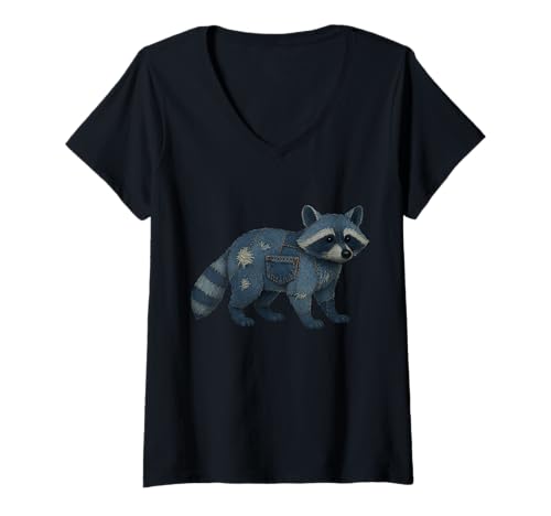 Damen Waschbär-Denim T-Shirt mit V-Ausschnitt Damen Waschbär-Denim T-Shirt mit V-Ausschnitt von Raccoon Denim Design