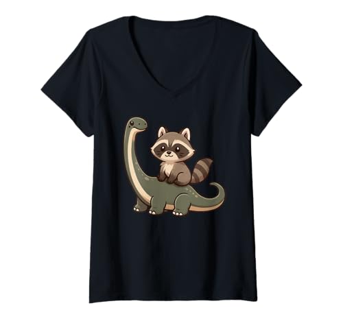 Damen Kawaii Raccoon Dinosaur Brachiosaurus T-Shirt mit V-Ausschnitt Damen Kawaii Raccoon Dinosaur Brachiosaurus T-Shirt mit V-Ausschnitt von Raccoon Dinosaur Brachiosaurus Apparel