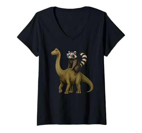 Damen Raccoon Dinosaur Brachiosaurus T-Shirt mit V-Ausschnitt von Raccoon Dinosaur Brachiosaurus Apparel