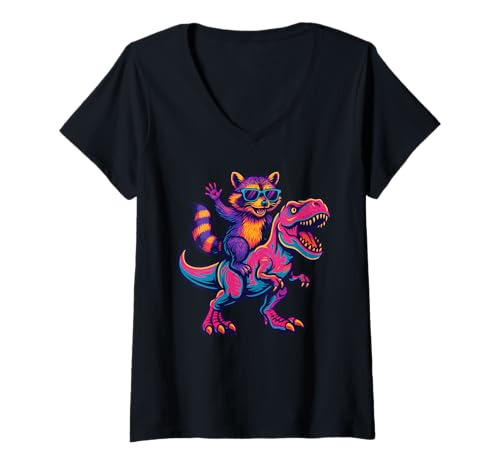 Damen Colorful Raccoon Dinosaur T-rex Tyrannosaurus T-Shirt mit V-Ausschnitt Damen Colorful Raccoon Dinosaur T-rex Tyrannosaurus T-Shirt mit V-Ausschnitt von Raccoon Dinosaur T-rex Apparel