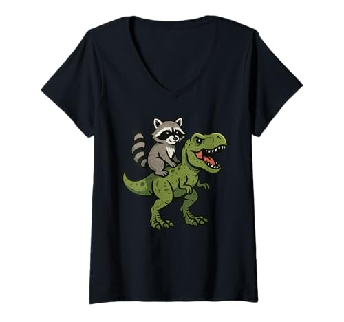 Damen Raccoon Dinosaur T-rex Tyrannosaurus T-Shirt mit V-Ausschnitt Damen Raccoon Dinosaur T-rex Tyrannosaurus T-Shirt mit V-Ausschnitt von Raccoon Dinosaur T-rex Apparel
