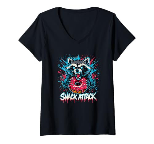 Damen Raccoon Snack Attack Donut-Graffiti T-Shirt mit V-Ausschnitt Damen Raccoon Snack Attack Donut-Graffiti T-Shirt mit V-Ausschnitt von Raccoon Donut Graffiti Street Apparel