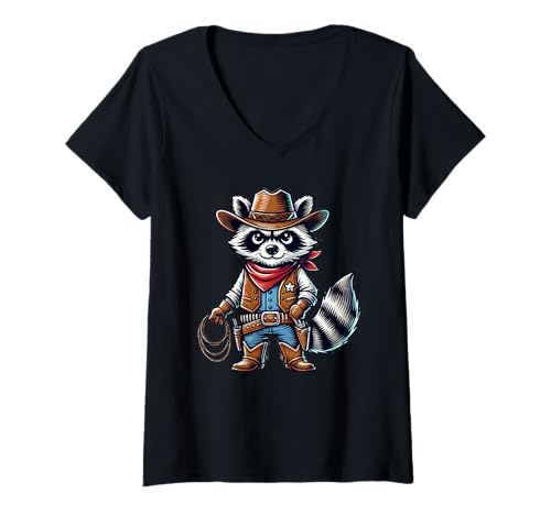 Damen Cute Raccoon Cowboy Raccoons T-Shirt mit V-Ausschnitt von Raccoon Dressed As A Cowboy Funny Raccoon Apparel