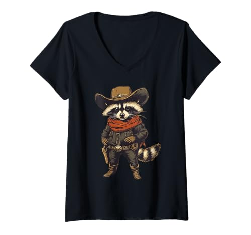 Damen Raccoon Dressed As A Cowboy Funny Raccoon T-Shirt mit V-Ausschnitt von Raccoon Dressed As A Cowboy Funny Raccoon Apparel