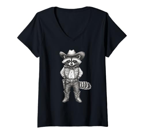 Damen Vintage Raccoon Cowboy Funny Raccoon T-Shirt mit V-Ausschnitt von Raccoon Dressed As A Cowboy Funny Raccoon Apparel