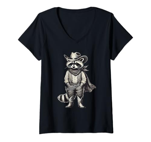 Damen Vintage Raccoon Cowboy Funny Raccoon T-Shirt mit V-Ausschnitt von Raccoon Dressed As A Cowboy Funny Raccoon Apparel