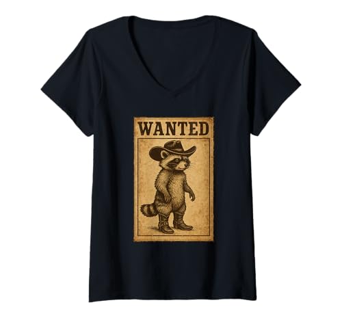 Damen Wanted Funny Raccoon Cowboy T-Shirt mit V-Ausschnitt von Raccoon Dressed As A Cowboy Funny Raccoon Apparel