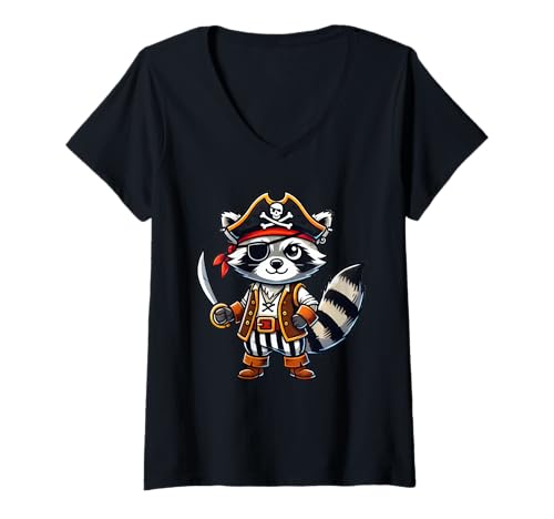 Damen Raccoon Dressed As A Pirate Funny Raccoon Halloween T-Shirt mit V-Ausschnitt von Raccoon Dressed As A Pirate Funny Raccoon Apparel