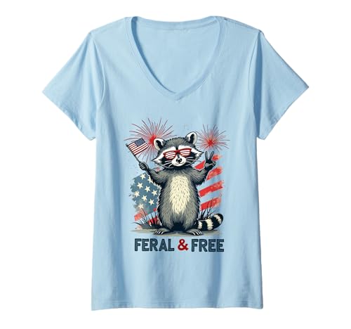 Damen Feral and free Waschbär Patriotisch 4. Juli Feral But Free T-Shirt mit V-Ausschnitt von Raccoon Feral & Free Independence Day 4th of july