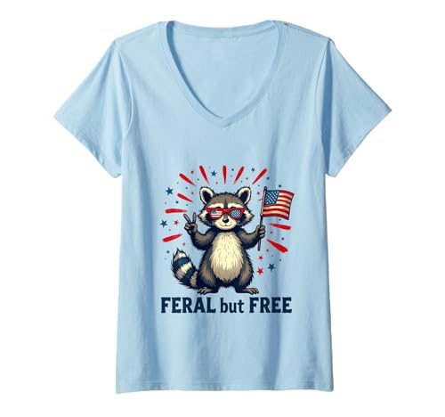 Damen Feral and free Waschbär Patriotisch 4. Juli Feral But Free T-Shirt mit V-Ausschnitt von Raccoon Feral & Free Independence Day 4th of july