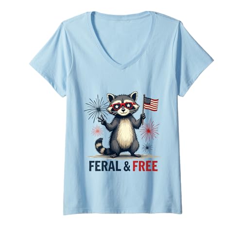 Damen Feral and free Waschbär Patriotisch 4. Juli Feral But Free T-Shirt mit V-Ausschnitt von Raccoon Feral & Free Independence Day 4th of july