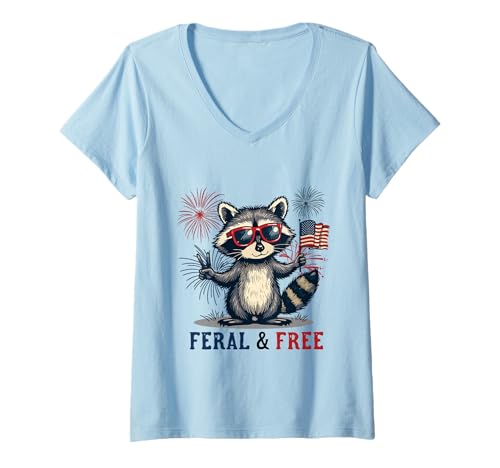 Damen Feral and free Waschbär Patriotisch 4. Juli Feral But Free T-Shirt mit V-Ausschnitt von Raccoon Feral & Free Independence Day 4th of july