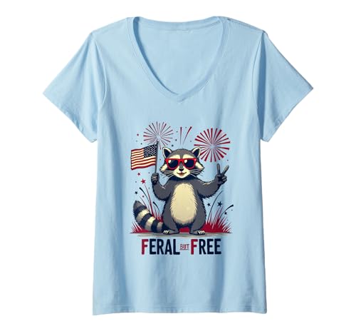 Damen Feral but free Waschbär Patriotisch 4. Juli Feral and Free T-Shirt mit V-Ausschnitt von Raccoon Feral & Free Independence Day 4th of july