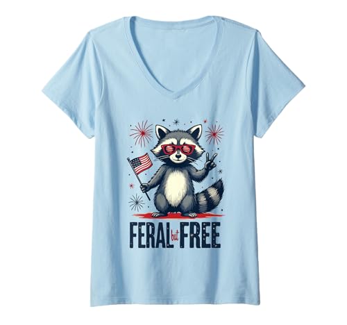 Damen Feral but free Waschbär Patriotisch 4. Juli Feral and Free T-Shirt mit V-Ausschnitt von Raccoon Feral & Free Independence Day 4th of july