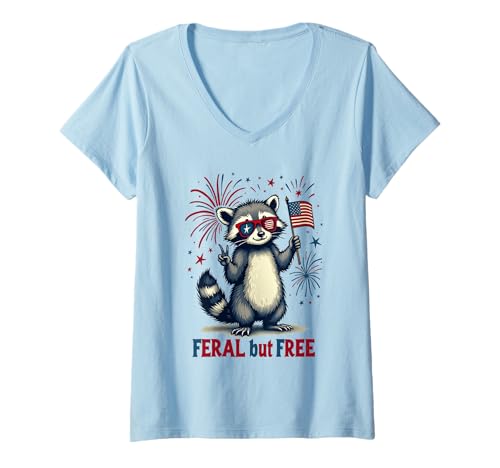 Damen Feral but free Waschbär Patriotisch 4. Juli Feral and Free T-Shirt mit V-Ausschnitt von Raccoon Feral & Free Independence Day 4th of july