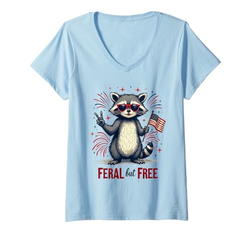 Damen Feral but free Waschbär Patriotisch 4. Juli Feral and Free T-Shirt mit V-Ausschnitt von Raccoon Feral & Free Independence Day 4th of july