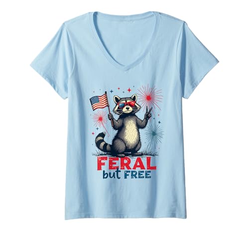 Damen Feral but free Waschbär Patriotisch 4. Juli Feral and Free T-Shirt mit V-Ausschnitt von Raccoon Feral & Free Independence Day 4th of july