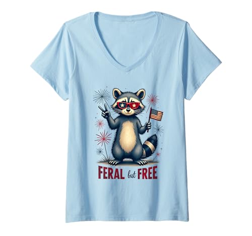 Damen Feral but free Waschbär Patriotisch 4. Juli Feral and Free T-Shirt mit V-Ausschnitt von Raccoon Feral & Free Independence Day 4th of july