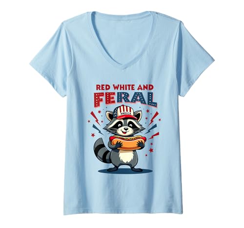 Damen Lustiger Waschbär 4. Juli patriotisch niedlich rot weiß und wild T-Shirt mit V-Ausschnitt von Raccoon Feral & Free Independence Day 4th of july