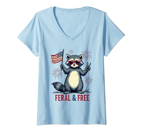 Damen Lustiger Waschbär Feral and Free 4. Juli Patriotische USA-Flagge T-Shirt mit V-Ausschnitt von Raccoon Feral & Free Independence Day 4th of july