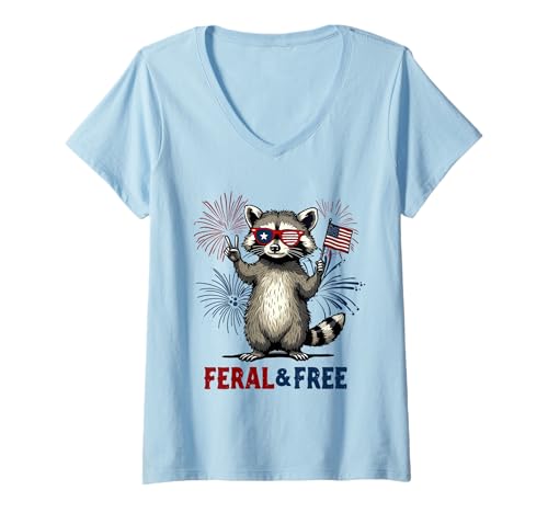 Damen Lustiger Waschbär Feral and Free 4. Juli Patriotische USA-Flagge T-Shirt mit V-Ausschnitt von Raccoon Feral & Free Independence Day 4th of july