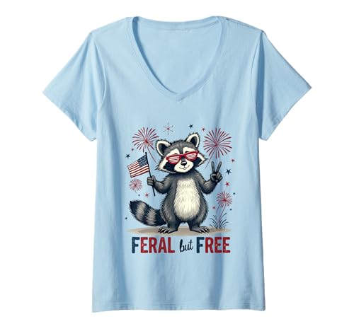 Damen Lustiger Waschbär Feral but Free 4. Juli Patriotische USA-Flagge T-Shirt mit V-Ausschnitt von Raccoon Feral & Free Independence Day 4th of july