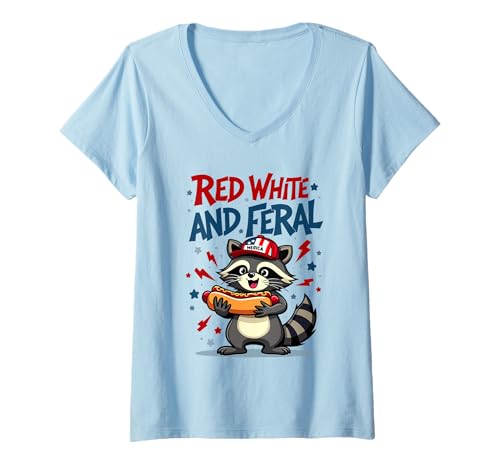 Damen Patriotischer 4. Juli für Kleinkinder, Rot / Weiß und Feral Waschbär T-Shirt mit V-Ausschnitt von Raccoon Feral & Free Independence Day 4th of july