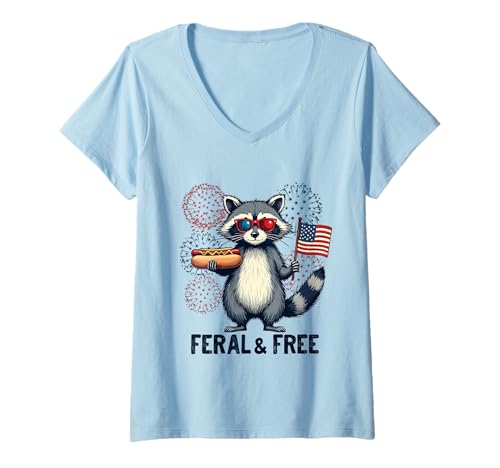 Damen Waschbär Feral and Free 4. Juli Patriotischer Waschbär Hotdog T-Shirt mit V-Ausschnitt von Raccoon Feral & Free Independence Day 4th of july