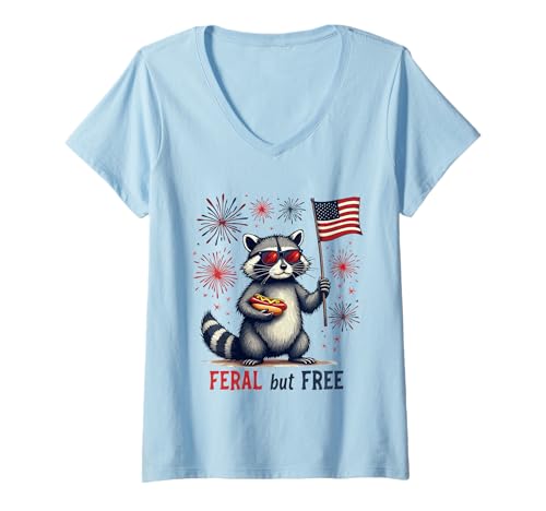 Damen Waschbär Feral but Free 4. Juli Patriotischer Waschbär Hotdog T-Shirt mit V-Ausschnitt von Raccoon Feral & Free Independence Day 4th of july