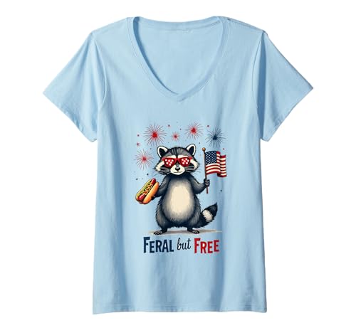 Damen Waschbär Feral but Free 4. Juli Patriotischer Waschbär Hotdog T-Shirt mit V-Ausschnitt von Raccoon Feral & Free Independence Day 4th of july