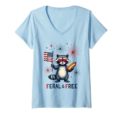 Damen Waschbär Feral but Free 4. Juli Patriotischer Waschbär Hotdog T-Shirt mit V-Ausschnitt von Raccoon Feral & Free Independence Day 4th of july