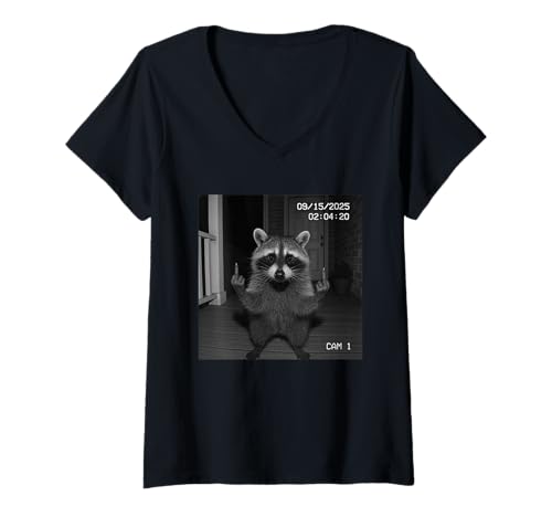 Damen Funny Raccoon Flipping Off Middle Finger On Security Camera T-Shirt mit V-Ausschnitt Damen Funny Raccoon Flipping Off Middle Finger On Security Camera T-Shirt mit V-Ausschnitt von Raccoon Flipping Off Middle Finger Security Camera