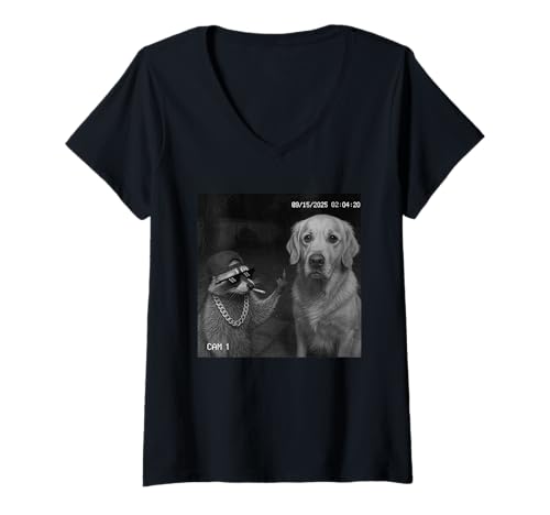 Damen Funny Raccoon Flipping Off Middle Finger On Security Camera T-Shirt mit V-Ausschnitt von Raccoon Flipping Off Middle Finger Security Camera
