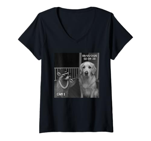 Damen Funny Raccoon Flipping Off Middle Finger On Security Camera T-Shirt mit V-Ausschnitt Damen Funny Raccoon Flipping Off Middle Finger On Security Camera T-Shirt mit V-Ausschnitt von Raccoon Flipping Off Middle Finger Security Camera
